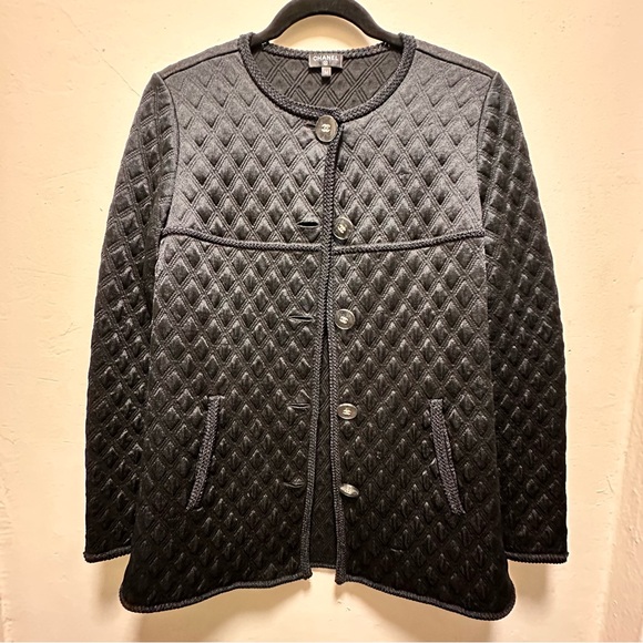 CHANEL Black Brocade Jacket with CC LogoCrystal Buttons